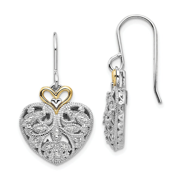 Sterling Silver Vintage Heart Earrings with 14K Gold Accent