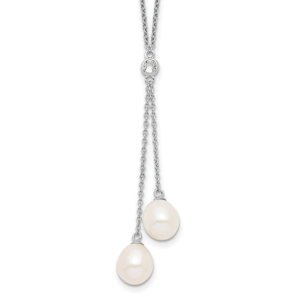 Sterling Silver Freshwater Pearl CZ Dangle Necklace Elegant Polished Finish
