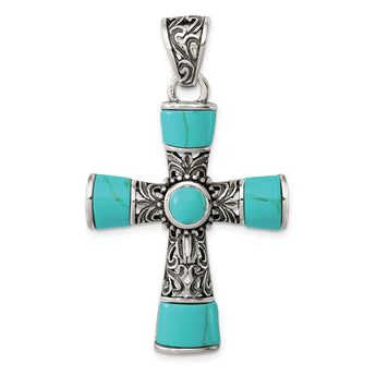 Sterling Silver 925 Cross Pendant with Synthetic Turquoise Vintage Style