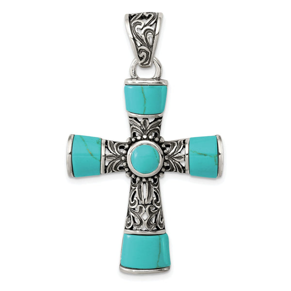 Sterling Silver 925 Cross Pendant with Synthetic Turquoise Vintage Style