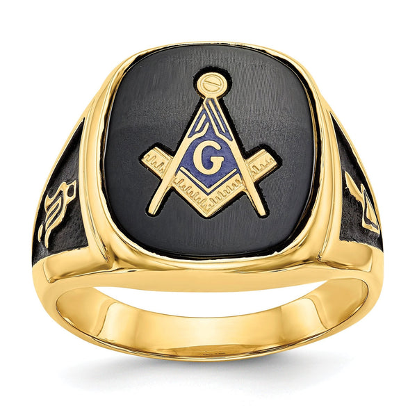 Men's Enamel and Onyx Masonic Ring in 14K Yellow Gold, 3.2mm, Size 10