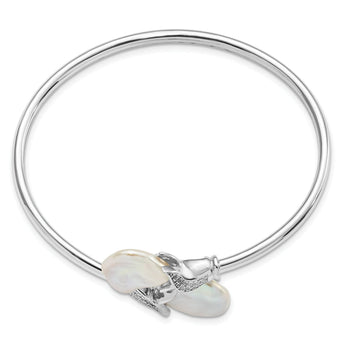 Sterling Silver Keshi Pearl Flexible Bangle with CZ Elegance