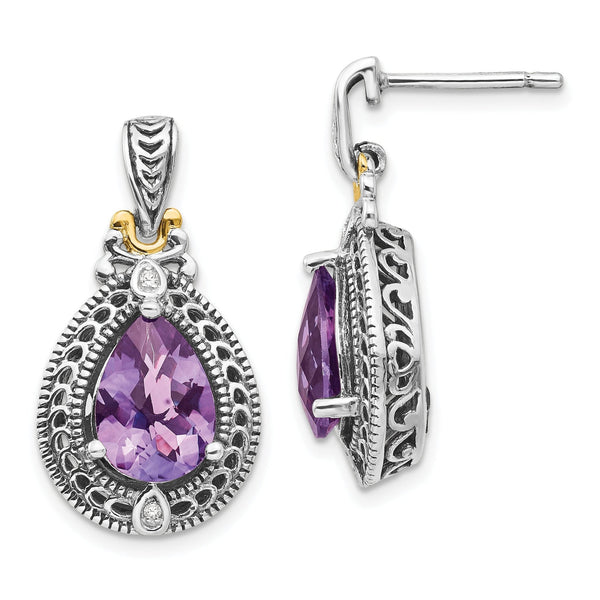 Sterling Silver & 14K Gold Amethyst Diamond Drop Earrings