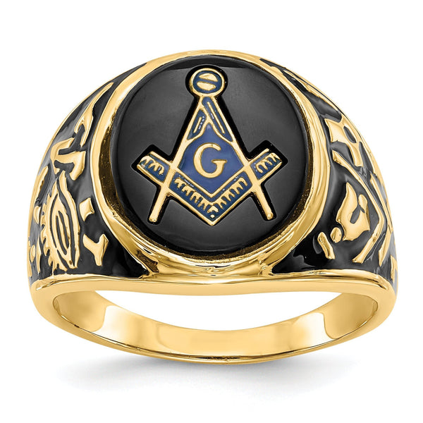 Men's Oval Onyx Masonic Ring in 14K Yellow Gold, 2mm, Size 10