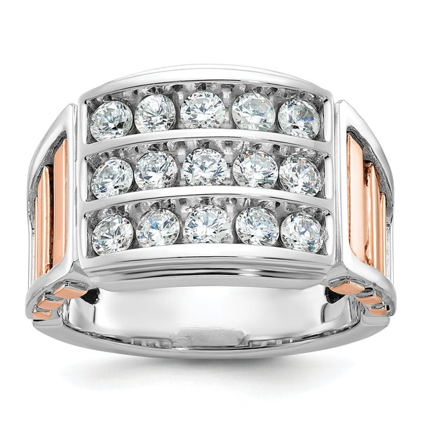 14k White and Rose Gold Mens Polished and Cut-Out 3-Row 1.5 Carat AA Quality Diamond Ring