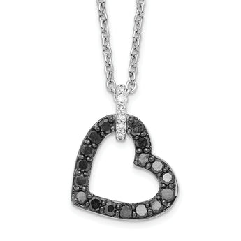 Sterling Silver Black & White Diamond Heart Necklace with Polished Rhodium Finish