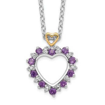 Brilliant Gemstones Sterling Silver with 14K Accent Rhodium-plated Amethyst and Diamond 18 Inch Necklace with 2 Inch Extender