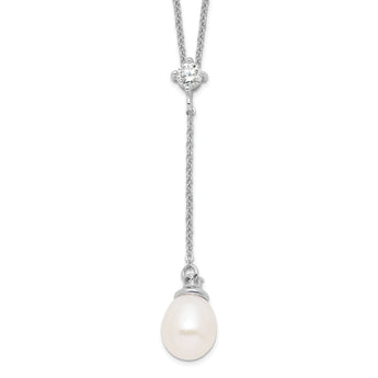 Sterling Silver 925 Polished Pearl CZ Drop Necklace Elegant Women's Jewelry