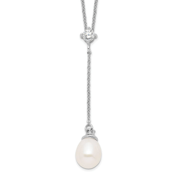 Sterling Silver 925 Polished Pearl CZ Drop Necklace Elegant Women's Jewelry