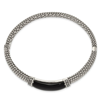 Sterling Silver Onyx Diamond Hinged Bangle Bracelet