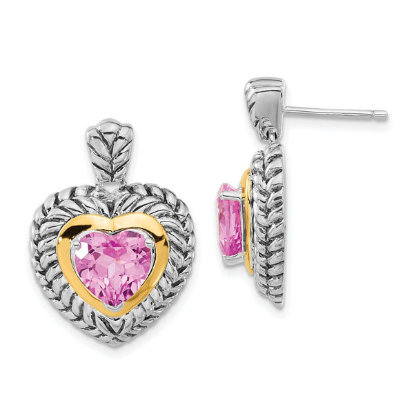 Sterling Silver 14K Gold Pink Sapphire Heart Dangle Earrings