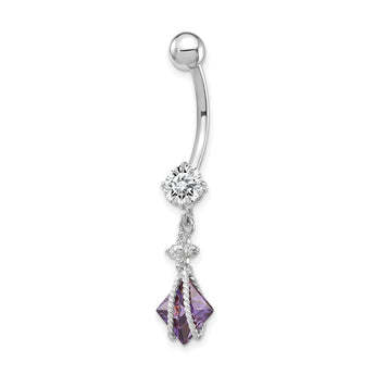10K White Gold Amethyst CZ Belly Dangle Rhodium-Plated Elegant Design