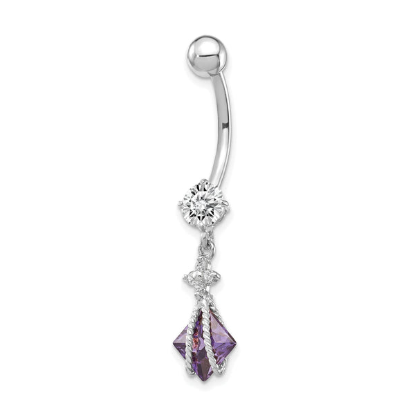 10K White Gold Amethyst CZ Belly Dangle Rhodium-Plated Elegant Design