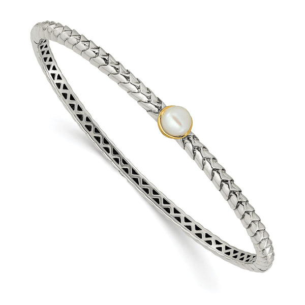 Sterling Silver 14K Gold Freshwater Pearl Hinged Bangle