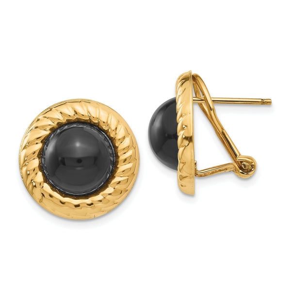 Onyx Button Stud Earrings in 14K Yellow Gold with Omega Clip, 17mm