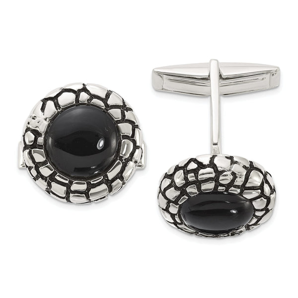 Men's Round Onyx and Enamel Cuff Links in Sterling Silver, Textured