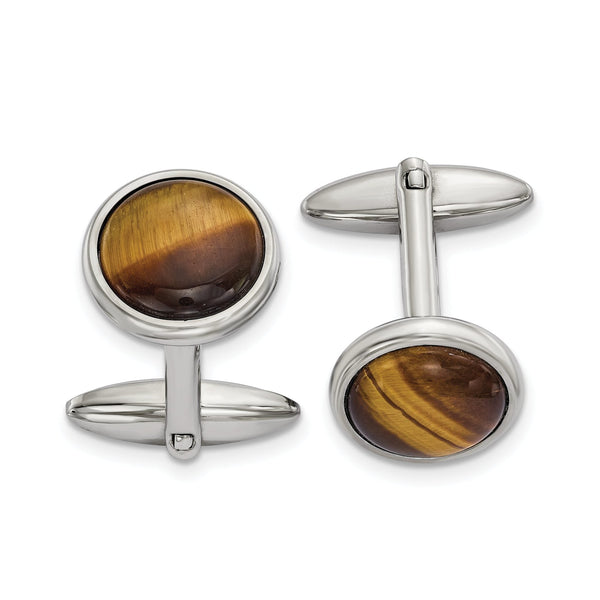 Chisel Men's Smooth Bezel Tiger's Eye Circle Cufflinks in Stainless Steel