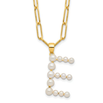 Sterling Silver Gold-plated 3-6mm White Button Freshwater Cultured Pearl LETTER E 18 inch Necklace