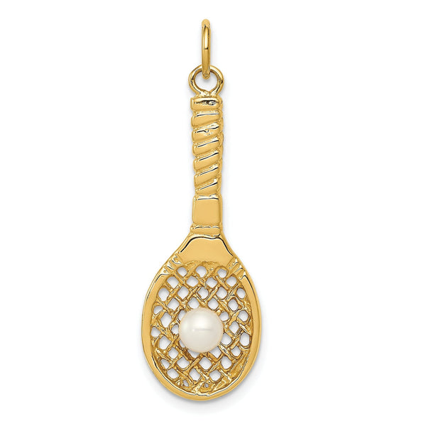 14K Gold Tennis Racquet Charm with Freshwater Cultured Pearl, Polished Finish