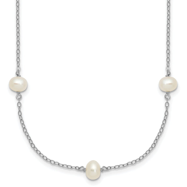 Sterling Silver Rhodium-plated 4-5mm White Near Round Freshwater Cultured Pearl 9-station 16 inch Necklace