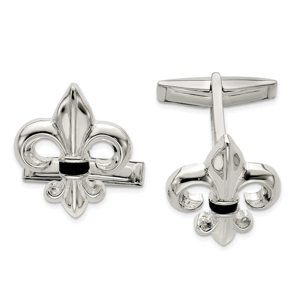 Men's Fleur-de-Lis Onyx Cuff Links in Sterling Silver
