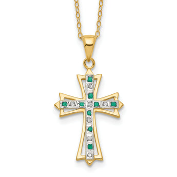 Sterling Silver Gold-Plated Diamond Emerald Cross Necklace 18 Inch