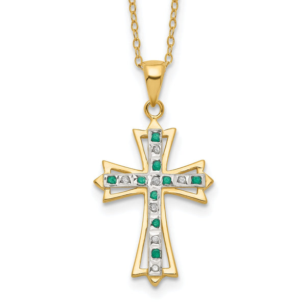 Sterling Silver Gold-Plated Diamond Emerald Cross Necklace 18 Inch