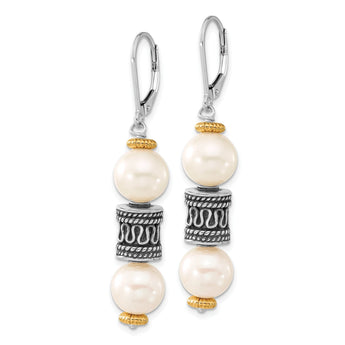 Sterling Silver 14K Gold Pearl Dangle Earrings with Antiqued Finish