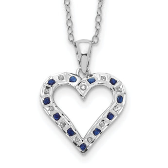 Sterling Silver Platinum-Plated Heart Necklace with Diamond & Sapphire