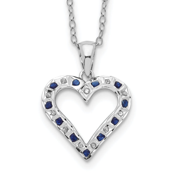 Sterling Silver Platinum-Plated Heart Necklace with Diamond & Sapphire