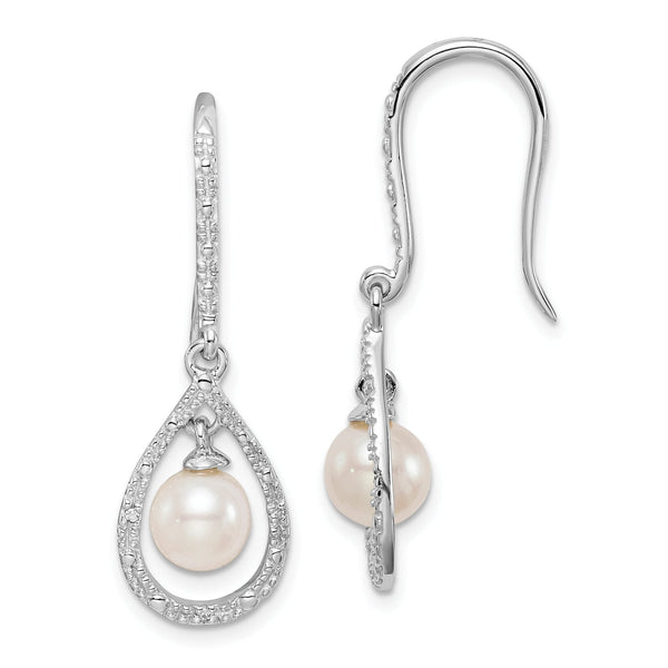 Sterling Silver Rhodium-Plated Diamond Pearl Dangle Earrings Elegant Birthstone Design