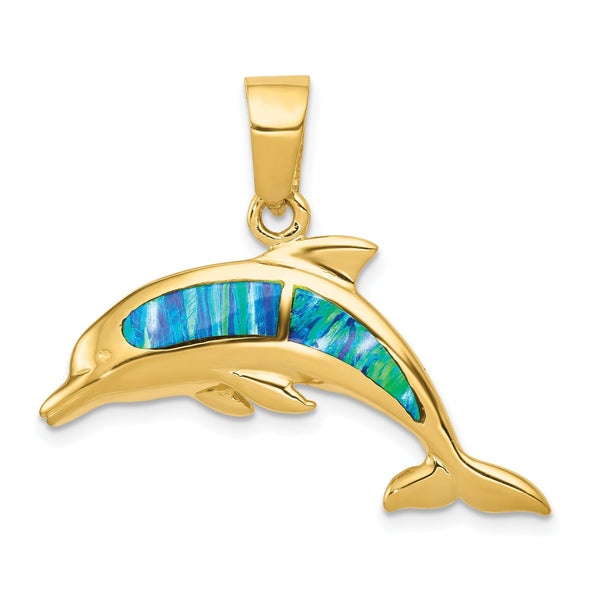 14K Gold Lab Created Opal Dolphin Pendant Elegant and Unique