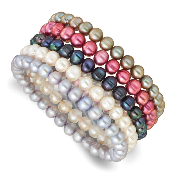 7-8mm Semi-Round Grey/White/Black/Red/Green Freshwater Cultured Pearl Stretch 5-Bracelet Set