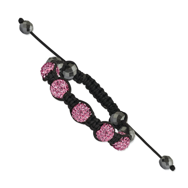 Hematite Pink Crystal Beads Black Cord Bracelet in Nylon, 10mm