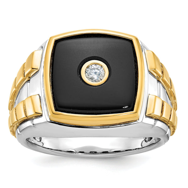14k Two-tone Mens Cushion Onyx and 1/10 carat Diamond Complete Ring