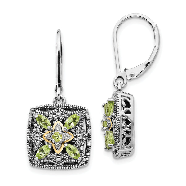 Sterling Silver and 14K Gold Peridot Diamond Leverback Earrings