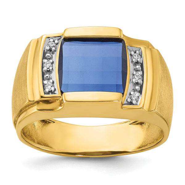 14k Mens Barrel Lab Created Sapphire and 1/20 carat Diamond Complete Ring