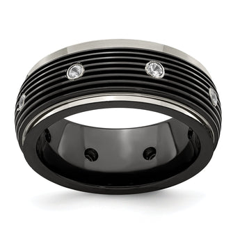 White Sapphire Grooved Wedding Band in Titanium, 9mm