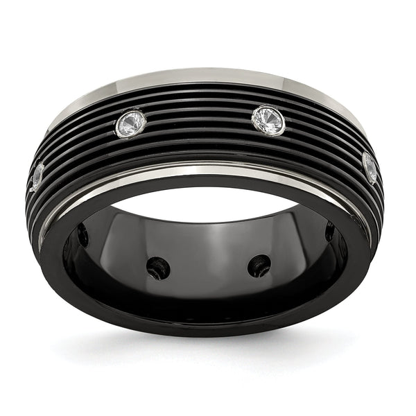 White Sapphire Grooved Wedding Band in Titanium, 9mm
