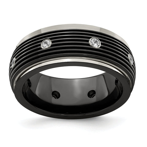 White Sapphire Grooved Wedding Band in Titanium, 9mm