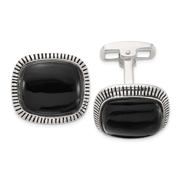 Men's Onyx and Enamel Cuff Links in Sterling Silver, Textured