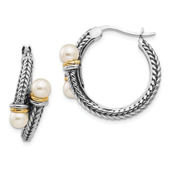 Sterling Silver Pearl Hoop Earrings with 14K Gold Accent
