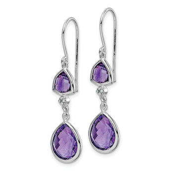 925 Sterling Silver Rhodium Plated Amethyst & Diamond Dangle Earrings Elegant Birthstone Style