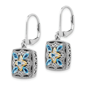 Sterling Silver 14K Gold Leverback Earrings with Antiqued Diamond and Blue Topaz