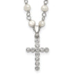 Sterling Silver Pearl CZ Cross Necklace with Rhodium-Plated Chain