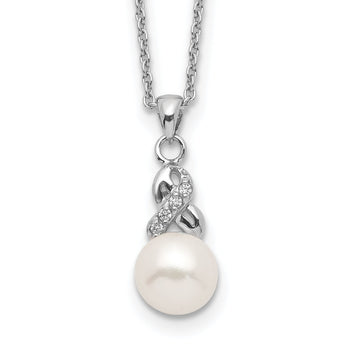 Sterling Silver Rhodium-plated 6-7mm White Near-Round Freshwater Cultured Pearl and CZ 17 inch Necklace