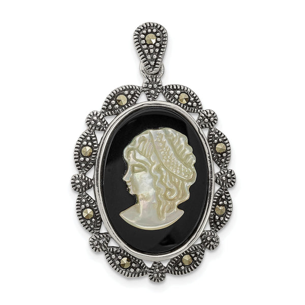 925 Sterling Silver Black Agate and MOP Cameo Pendant