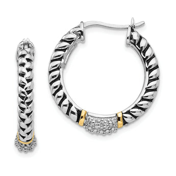 Sterling Silver & 14K Gold Diamond Hoop Earrings Antiqued Elegance