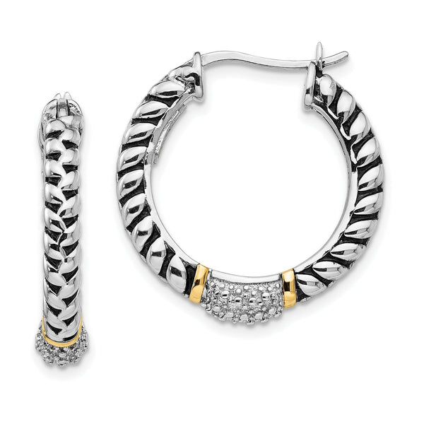 Sterling Silver & 14K Gold Diamond Hoop Earrings Antiqued Elegance