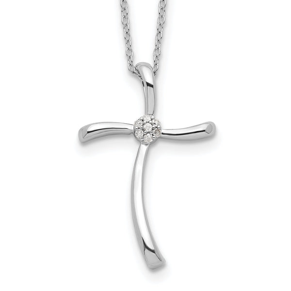 925 Sterling Silver Diamond Cross Necklace Polished Rhodium-Plated
